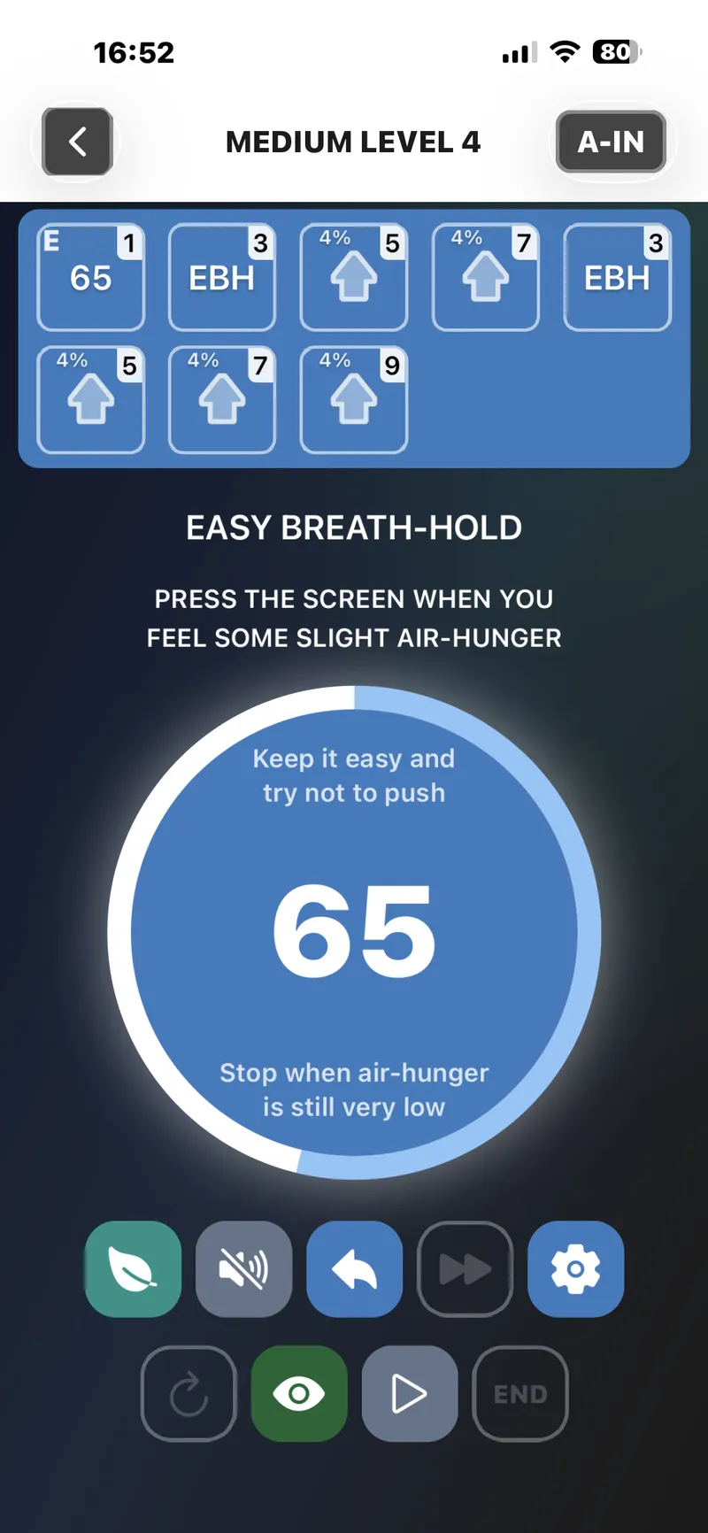 The app during a breath-hold, counting up with the reminder to stop while air hunger is still low