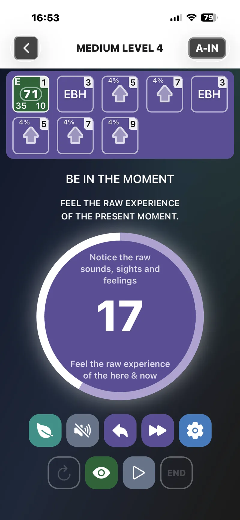 The app during contemplation, counting down while you rest in the present moment