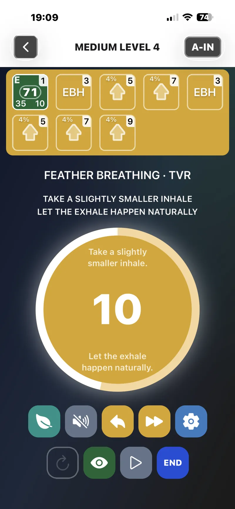 The app during feather breathing, prompting a slightly smaller inhale and a natural exhale