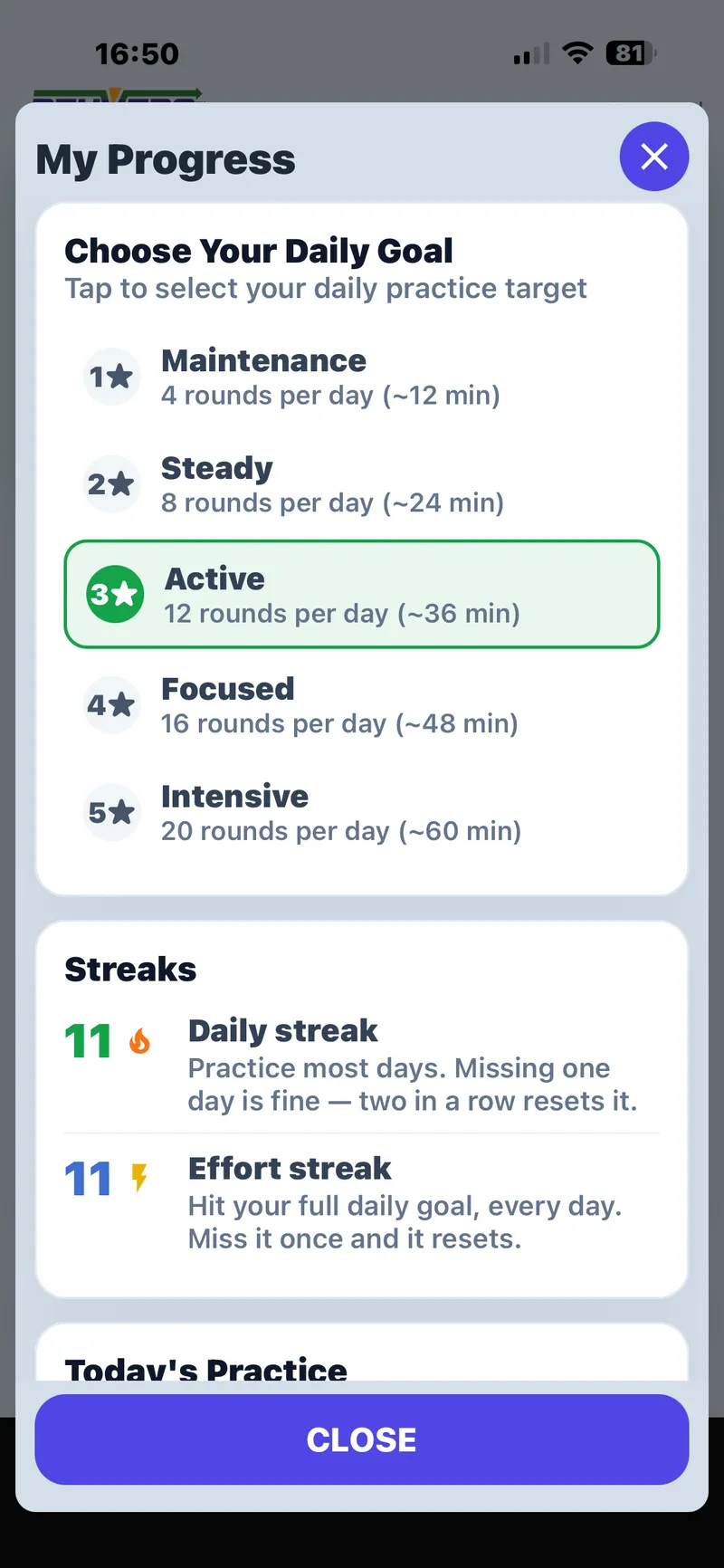 The app's progress screen, showing the daily practice goal and the current daily and effort streaks