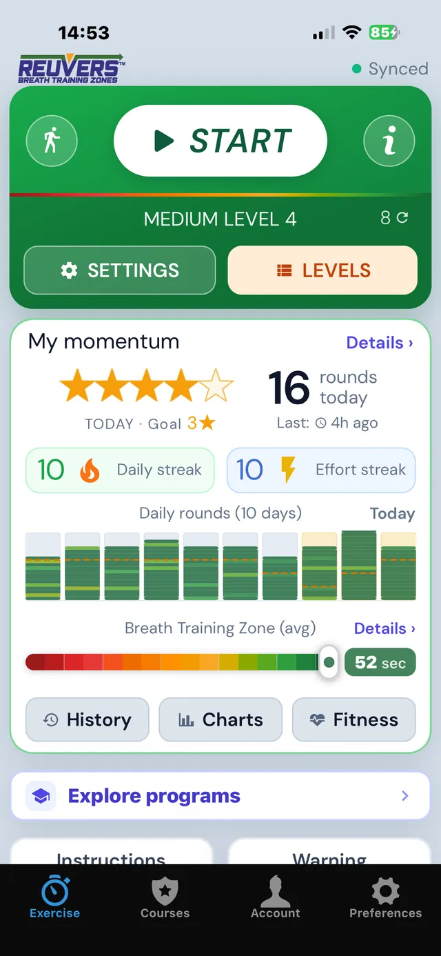 The Reuvers Breathing app home screen showing the start button, today's rounds, streaks, and the breath training zone