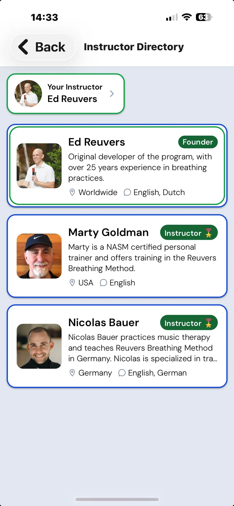 The instructor directory in the app, showing profiles with location and teaching languages