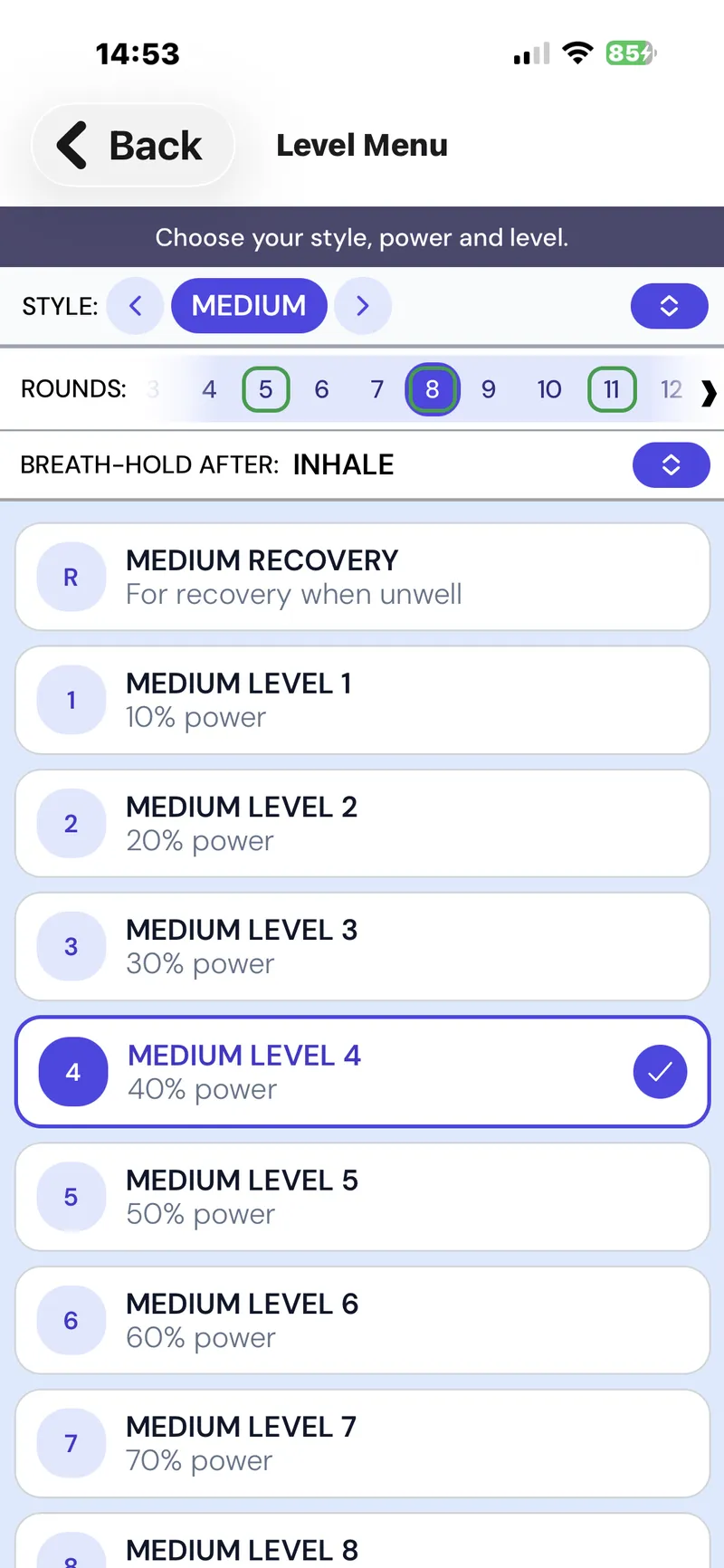 App showing 13 progressive learning levels