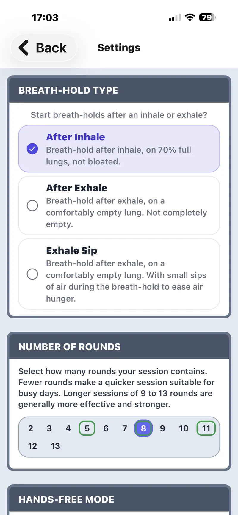 The app's settings screen: choose breath-hold after inhale, after exhale, or exhale sip, and set the number of rounds