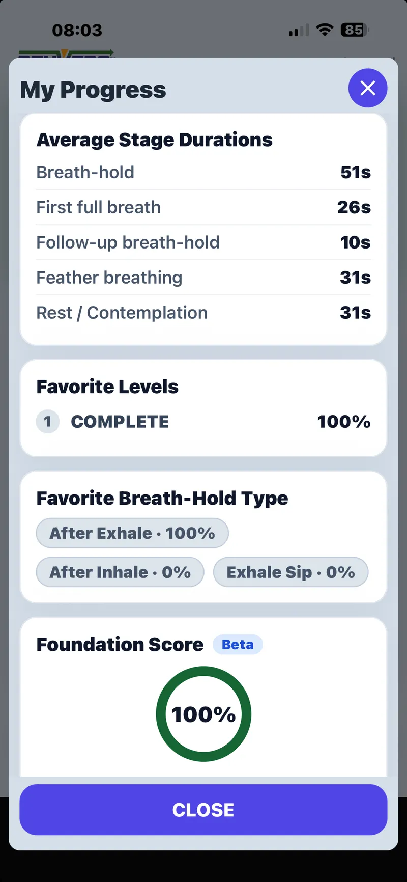 The app's progress screen, listing the average duration of each stage of a round
